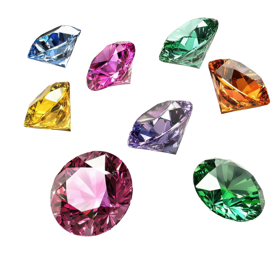 Colorful diamonds floating in the air create a mesmerizing display of beauty and elegance, various colorful of diamonds floating on the air isolated Transparent background png