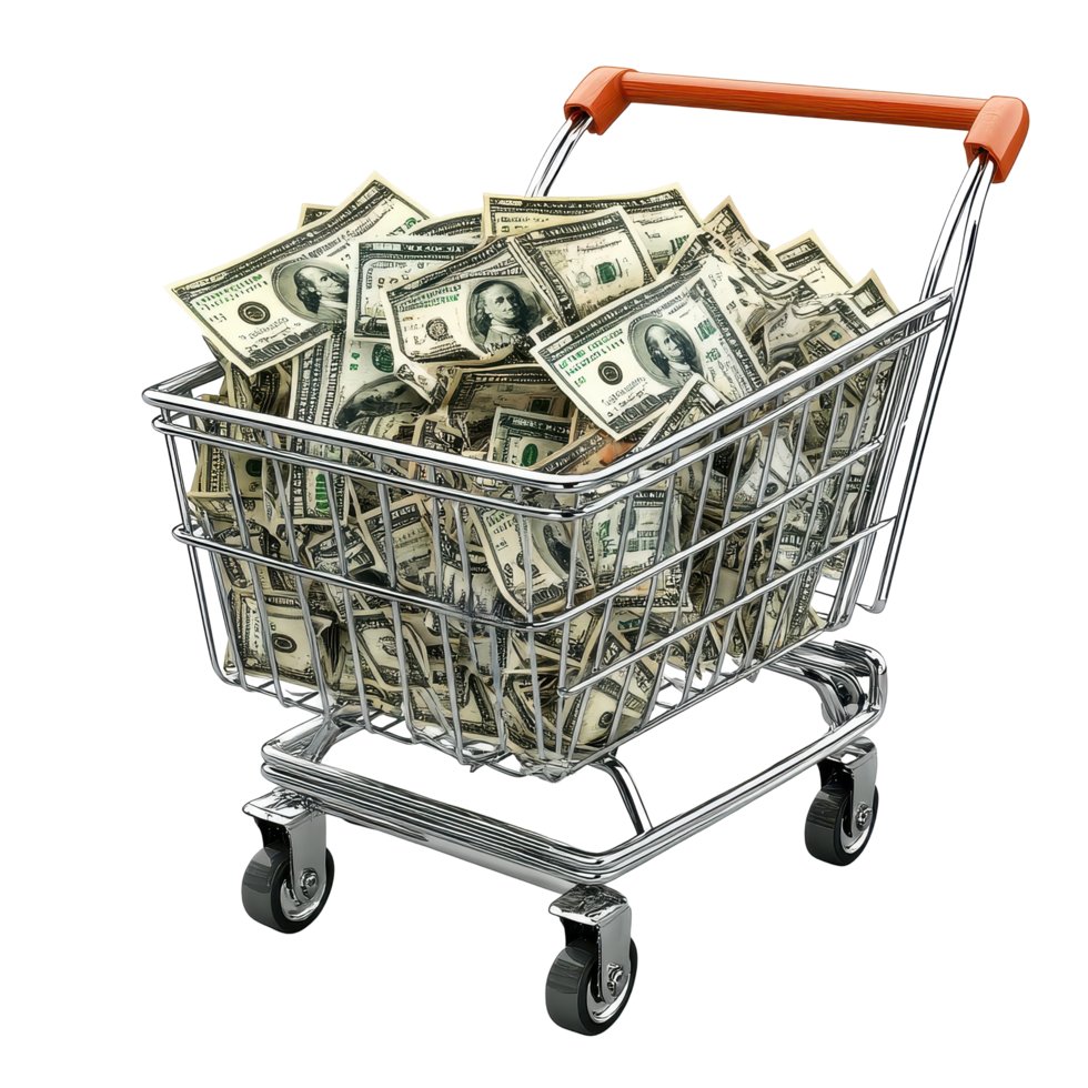 Shopping cart filled with cash, a unique sight depicting wealth and abundance in a retail setting, Shopping cart full money png