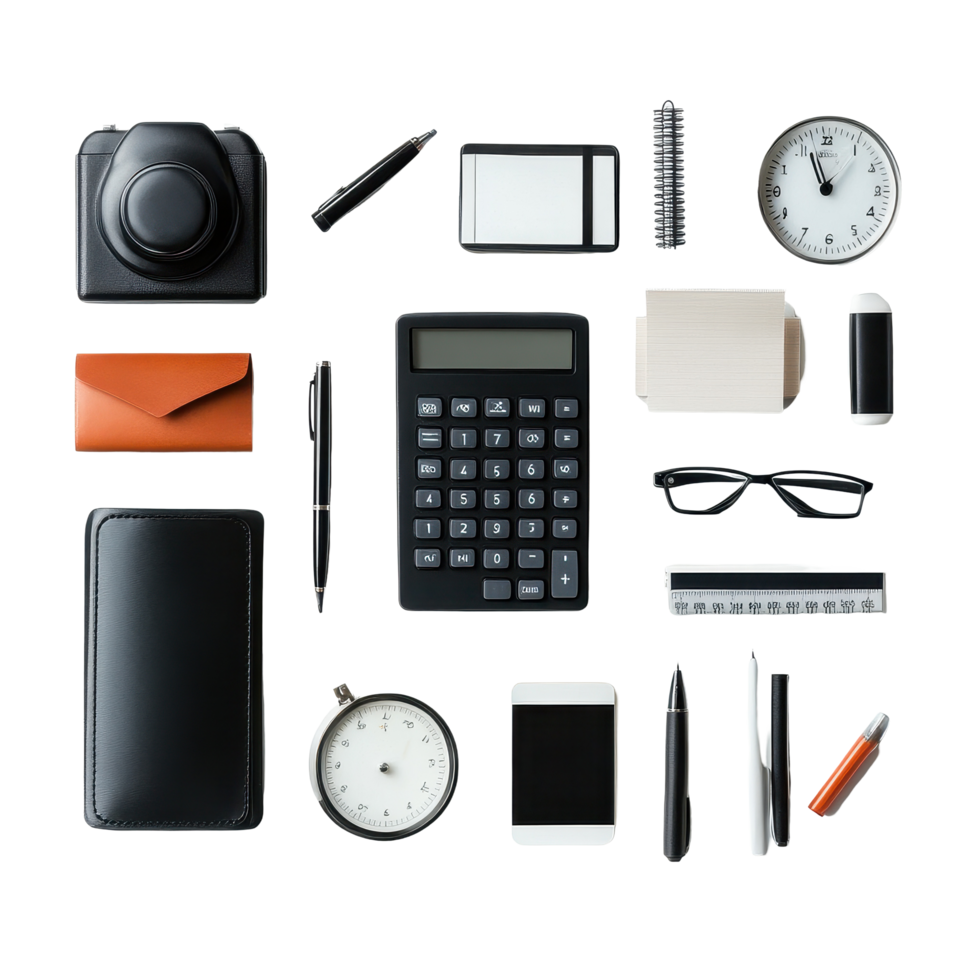 Office objects arranged on a Transparent background for creative workspace inspiration, Office objects isolated on background png