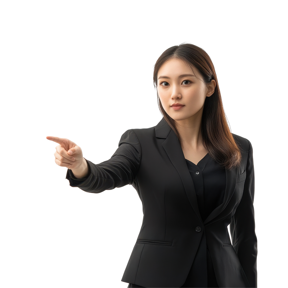 Confident Asian businesswoman pointing towards the viewer in a professional setting, Confident Asian Businesswoman Pointing Something on Transparent background png