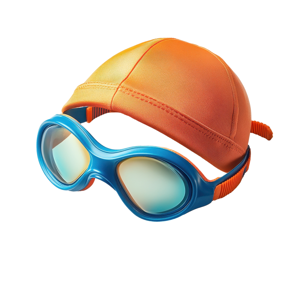 Bright blue swimming goggles and orange cap on a Transparent background for water enthusiasts, Swimming Goggles and Cap, background png