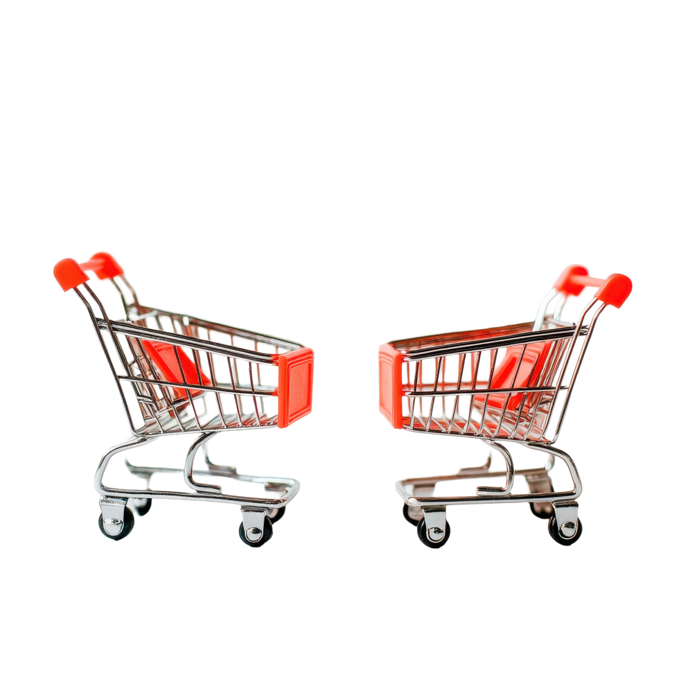 Tiny shopping cart and basket on a clean Transparent background showcasing retail shopping essentials, Tiny shopping cart and basket isolated on background png