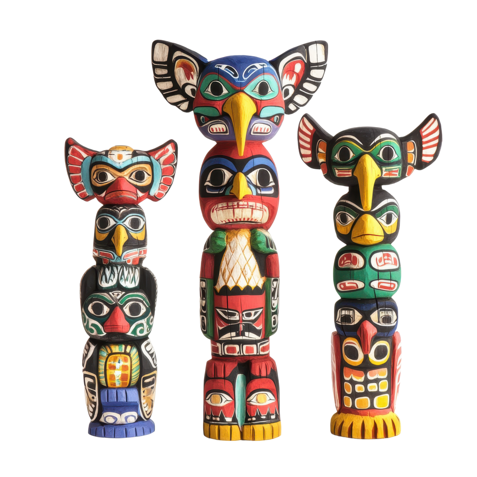 Colorful totem pole figures showcasing intricate carvings and vibrant designs against a clean Transparent background, Colorful Totem Pole Figures on background png
