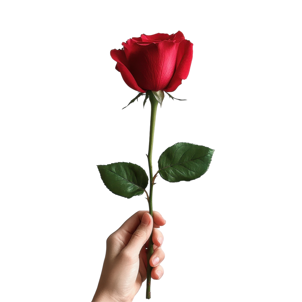 Single red rose held delicately in hand against a clean Transparent background showcasing elegance and simplicity, Single Red Rose Held in Hand on background png