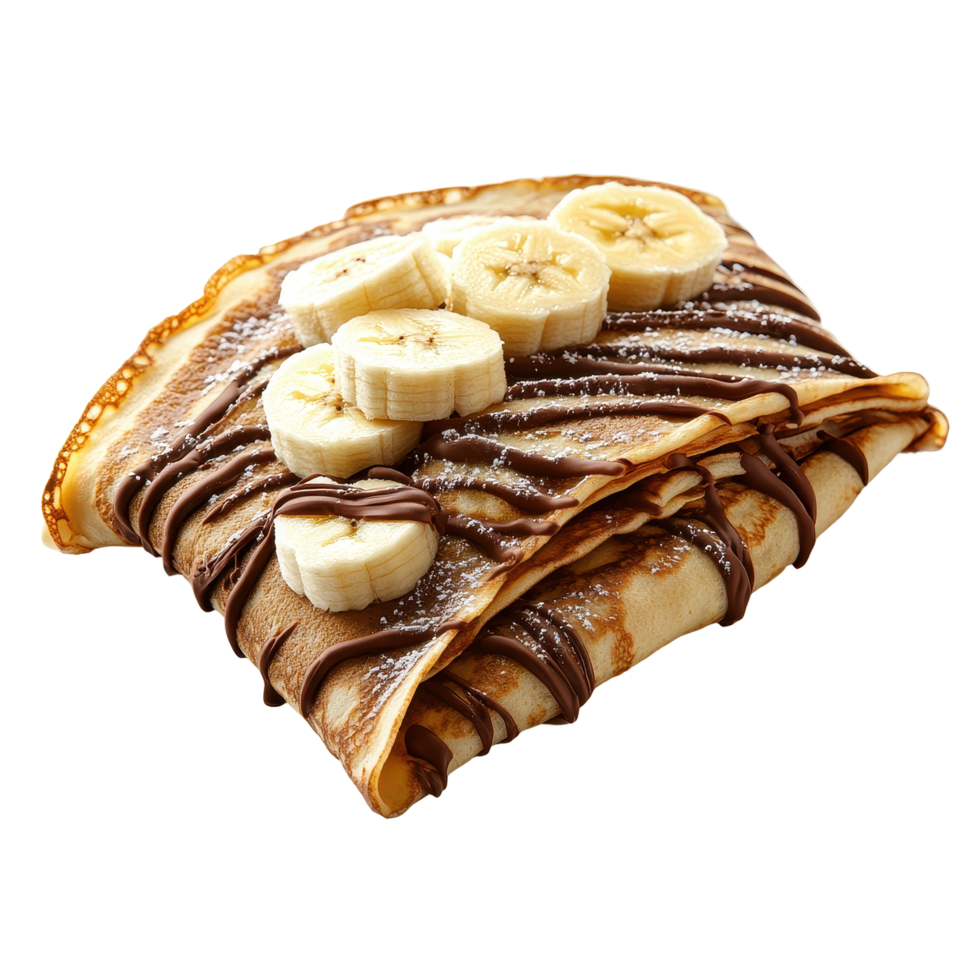 Delicious crepes filled with chocolate and fresh banana served on a white plate, Crepes with chocolate and banana, isolated on Transparent background png