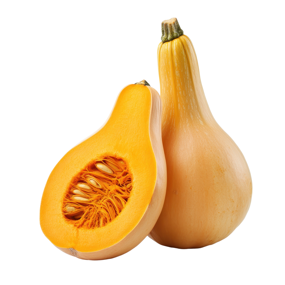 Half butternut squash on a white background showcasing its vibrant orange flesh and smooth skin, half butternut squash isolated on white background png