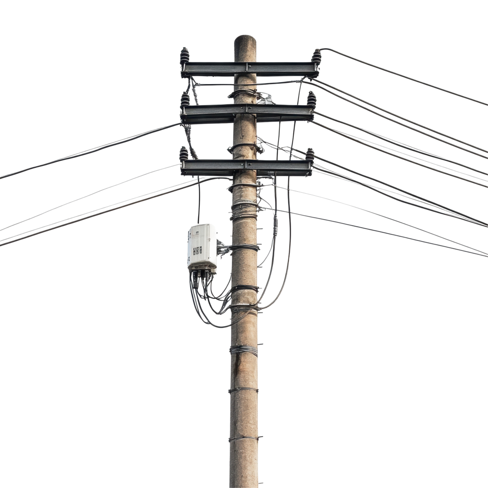 Electricity pole with wires against clear sky showcasing utility infrastructure, Front View Electricity Pole with Wires, Utility Infrastructure, isolated on white background png