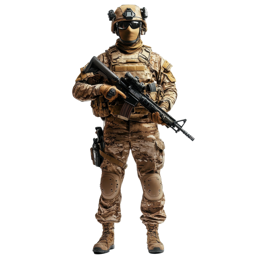 Fully geared soldier stands confidently holding a rifle against a white background with tactical equipment, Fully Geared Soldier Holding Rifle on white background png
