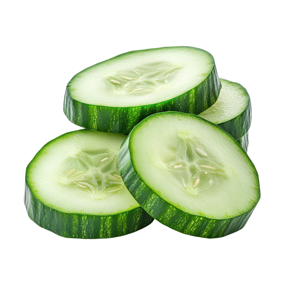 Fresh cucumber slices arranged neatly on a Transparent background ideal for culinary designs and healthy recipes, cucumber sliceisolated on background png