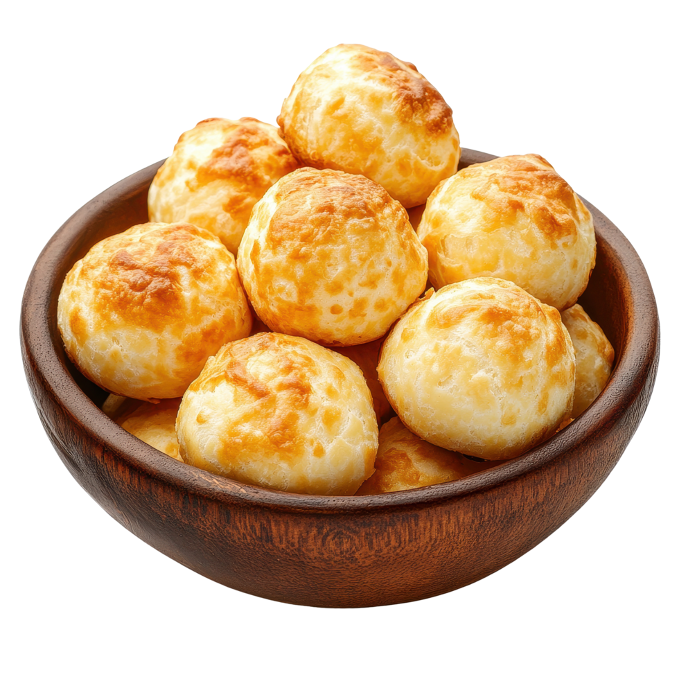 Delicious cheese bread balls served in a brown wooden bowl on a rustic table, Brown Bowl Filled With Cheese Bread on Table. de Queijo On a white background png