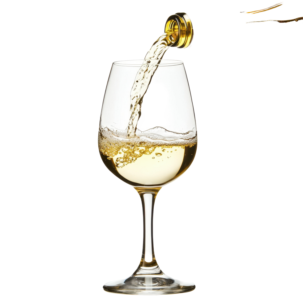 Pouring white wine into a glass against a bright Transparent background for a refreshing drink, Pouring White Wine into a Glass isolated on background png