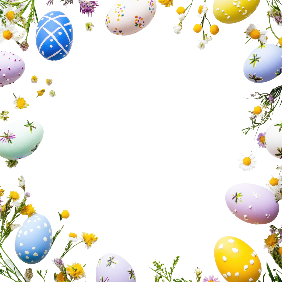 Colorful easter eggs with flowers create a festive frame on a Transparent background for celebrations, easter frame isolated png
