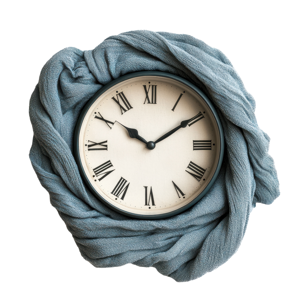 Clock wrapped in a cozy blanket against a minimalist Transparent background showcasing time and tranquility, clock with a blanket around it on a background png