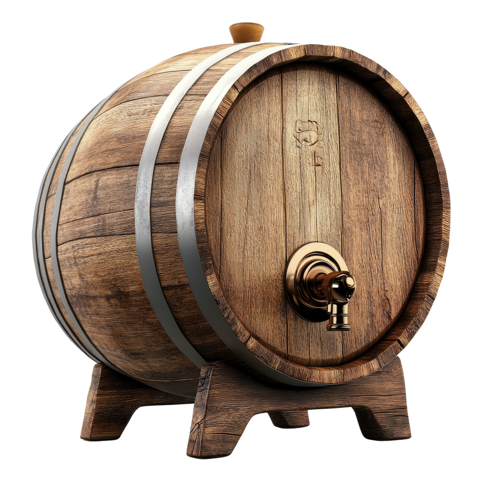 Oak wooden wine barrel with tap on a Transparent background showcasing craftsmanship and design, Oak wooden wine barrel with tap isolated on background png