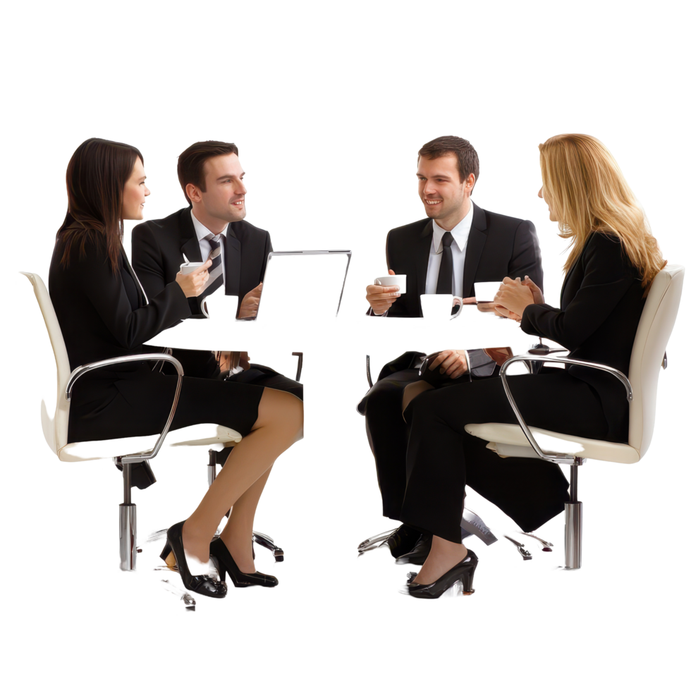 Business professionals engage in discussion around a table during a collaborative meeting, Group businesspeople talking near the table with laptop and cups, isolated on white png