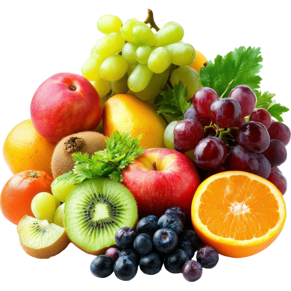 Fresh fruits and vegetables arranged on a bright white background for healthy eating, fruit and vegetableisolated on white background png