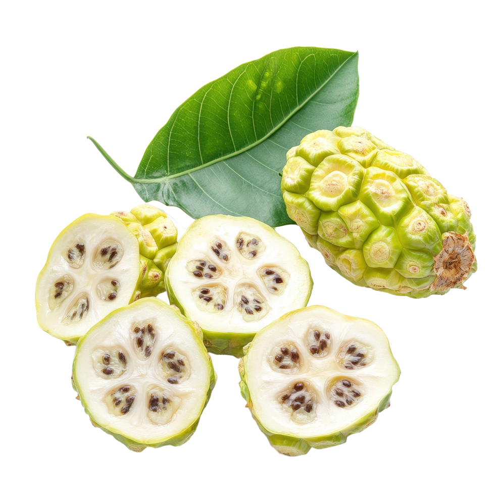 Non fruits with sliced segments and fresh leaf on Transparent background showcasing Morinda Citrifolia, Non or Morinda Citrifolia fruits with sliced on background png