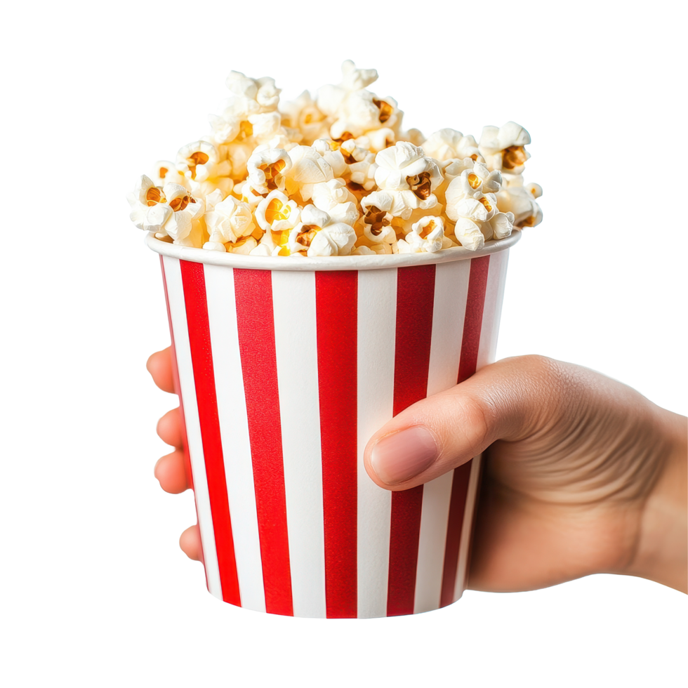 Joyful moviegoer enjoying a delicious cup of popcorn at the cinema while watching a favorite film, Indulging in Delicious Popcorn from a Vibrant Red and White Striped Cup, Transparent background png