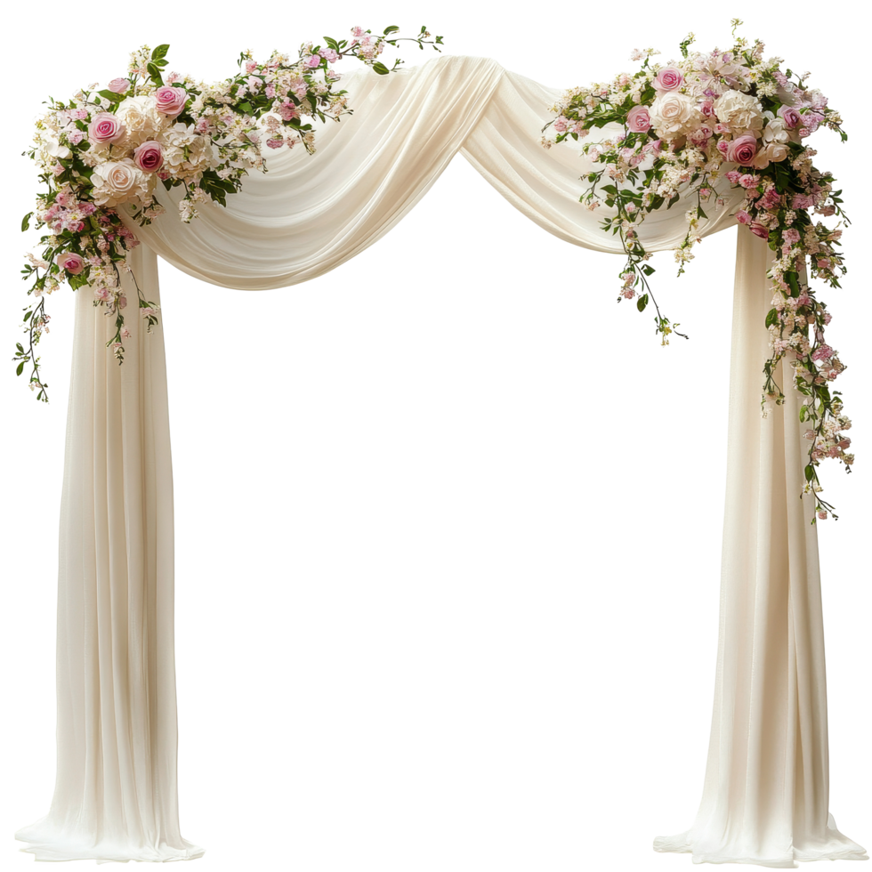 Elegant wedding arch adorned with spring flowers and soft drapery for outdoor ceremonies, Draped wedding arch with spring flowers and white fabric isolated on Transparent background png