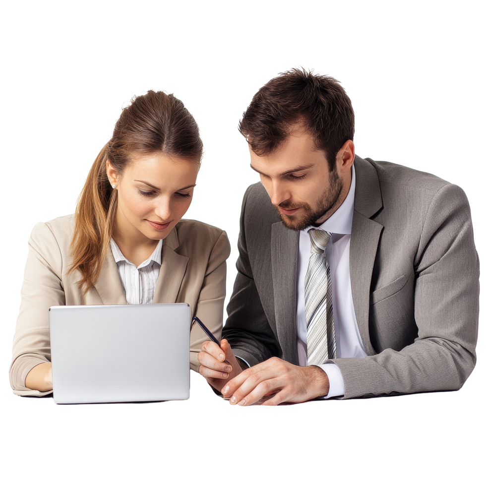 Business professionals analyzing data in modern office setting with laptop during work meeting, Business people making report with laptop isolated on white background png