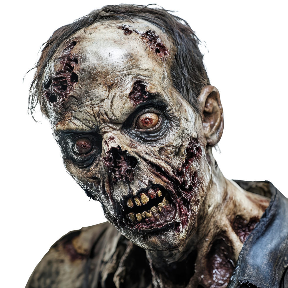 Striking zombie close up on Transparent background showcasing grim details and unsettling features, Zombie on background png