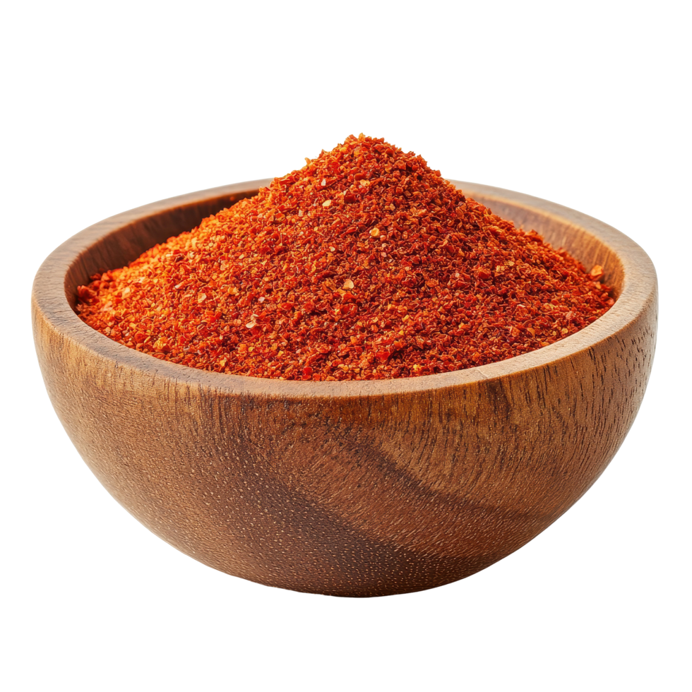 Bright cayenne pepper spice in a rustic wooden bowl on a clean white background, Cayenne pepper in wood bowl isolated on white background png