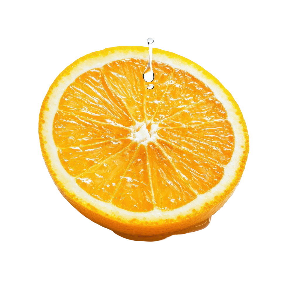 Fresh orange slice glistening with a drop of water on a bright Transparent background, Orange slice with drop of water isolated on background png