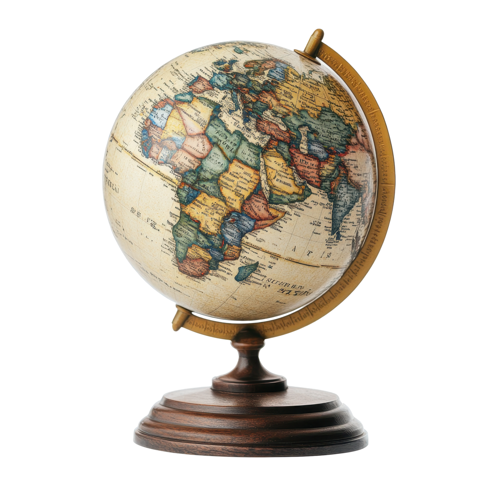 Explore the detailed vintage globe showcasing countries and regions of the world on a wooden base, earth globe geography sphere object on isolated on Transparent background png