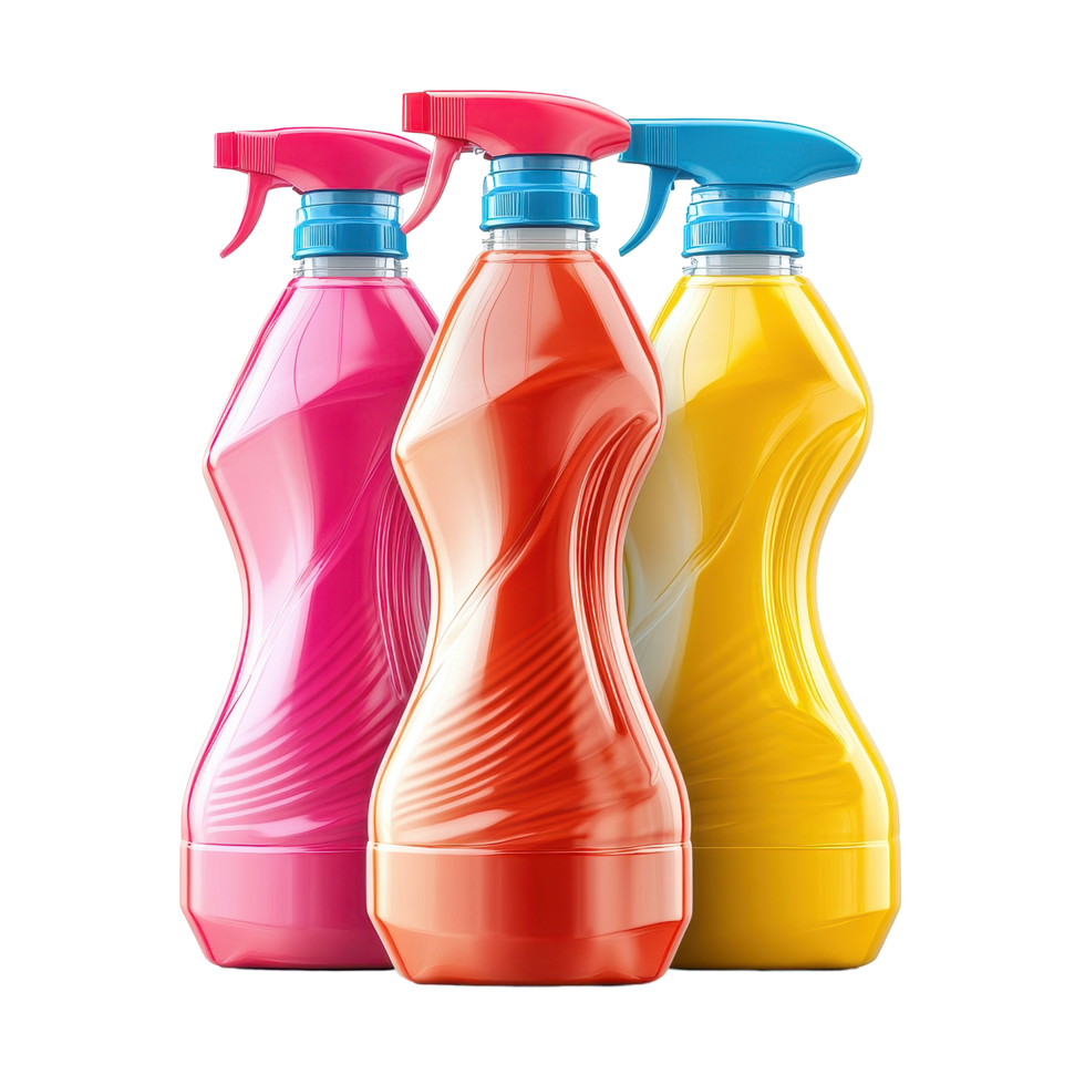 Colorful detergent bottles in vibrant shades of pink, orange, and yellow against a Transparent background, Three Colorful Bottles Detergent isolated on background png