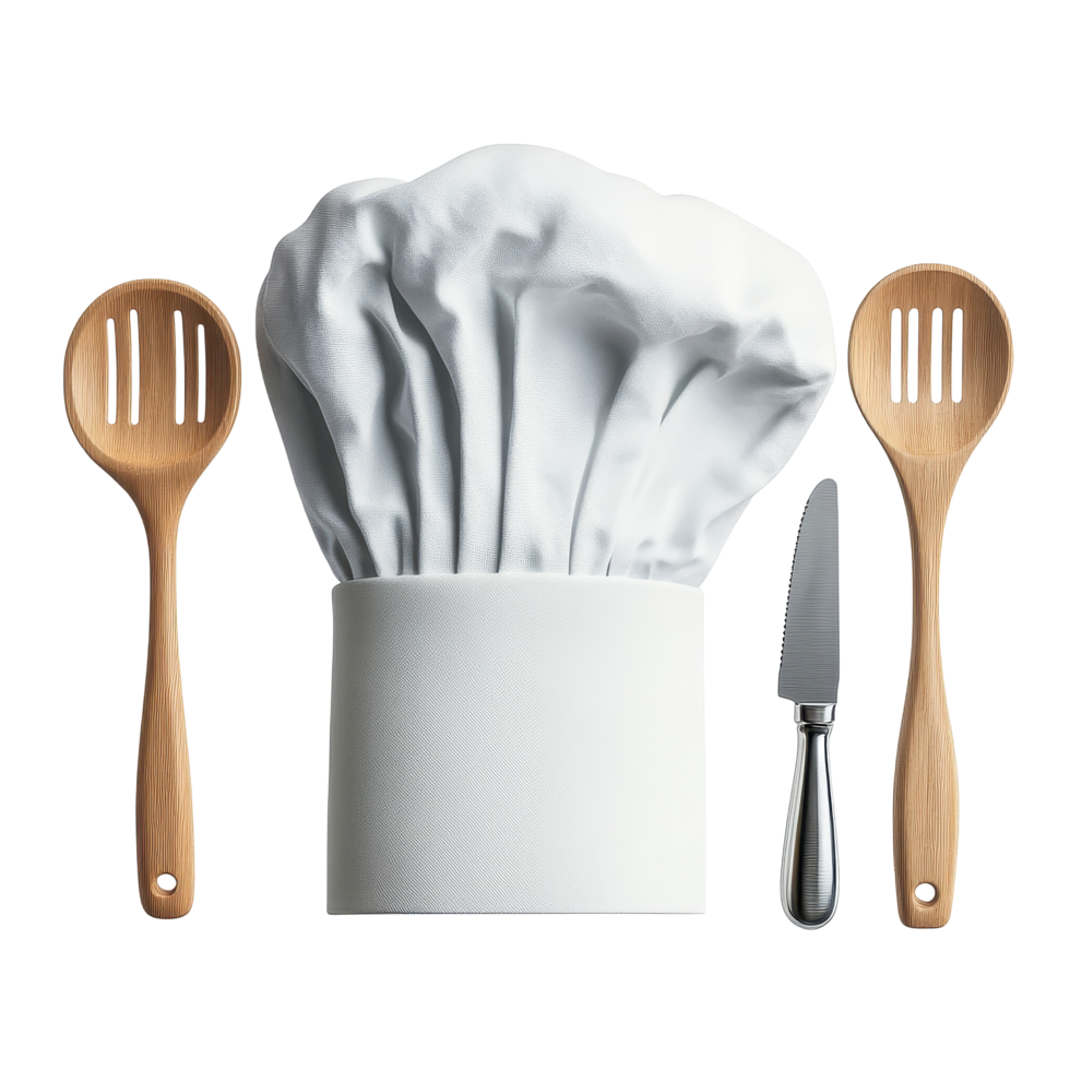 Chef hat and cooking utensils arranged for a culinary workshop in a cozy kitchen space, Chef Hat with Cooking Utensils png