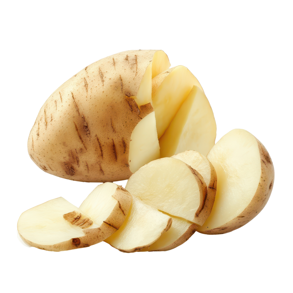 Freshly sliced potatoes isolated on a white background for culinary use or presentation, half potatoes and sliced isolated, isolated on white background png