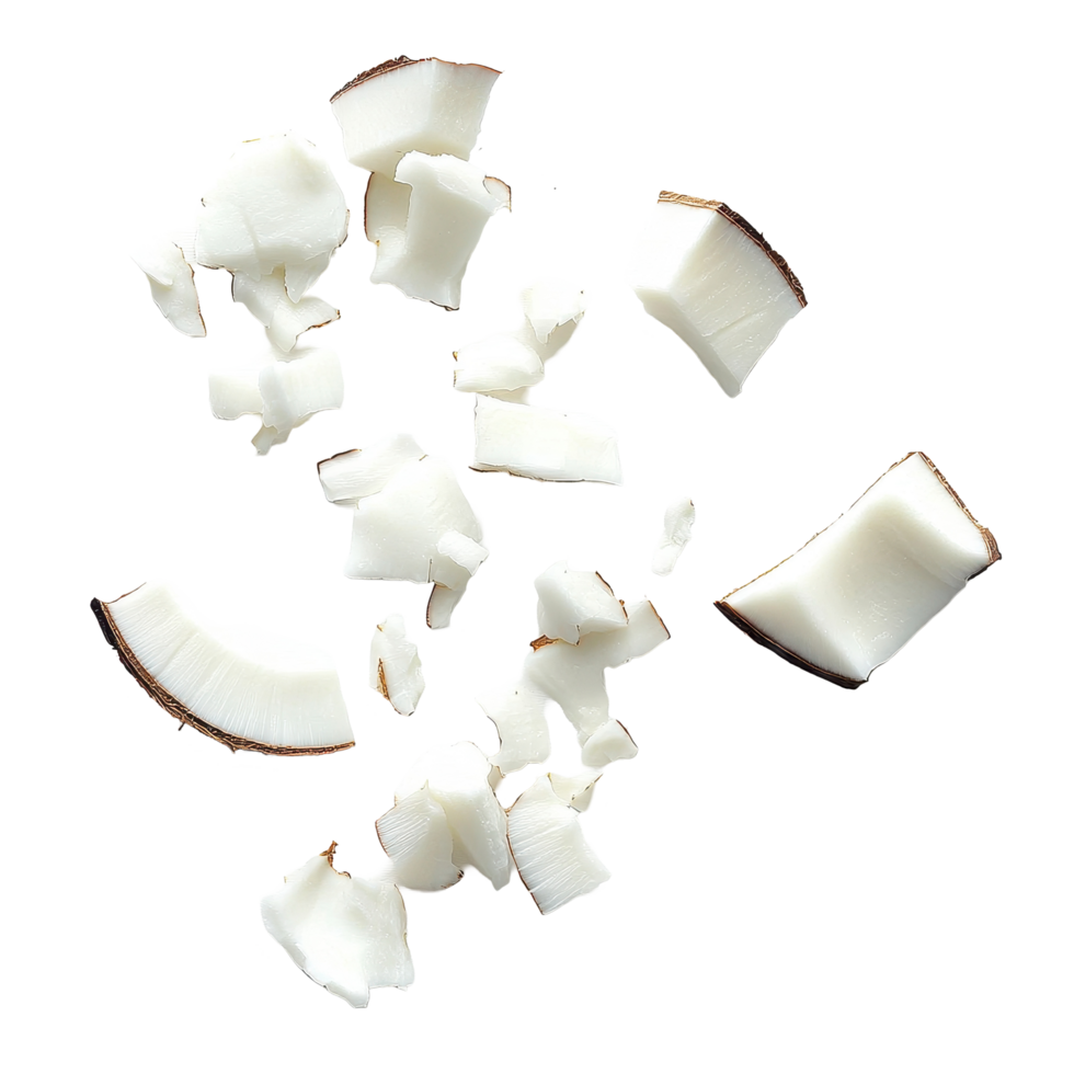 Coconut pieces scattered on a Transparent background showcasing texture and freshness of tropical fruit, Coconut pieces on background png