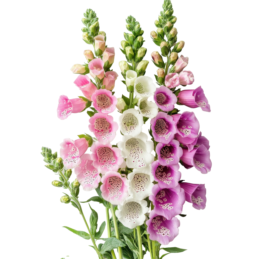 Stunning bouquet of foxglove flowers featuring vibrant colors isolated on a white background, Bouquet of foxglove flowers, isolated on White background png