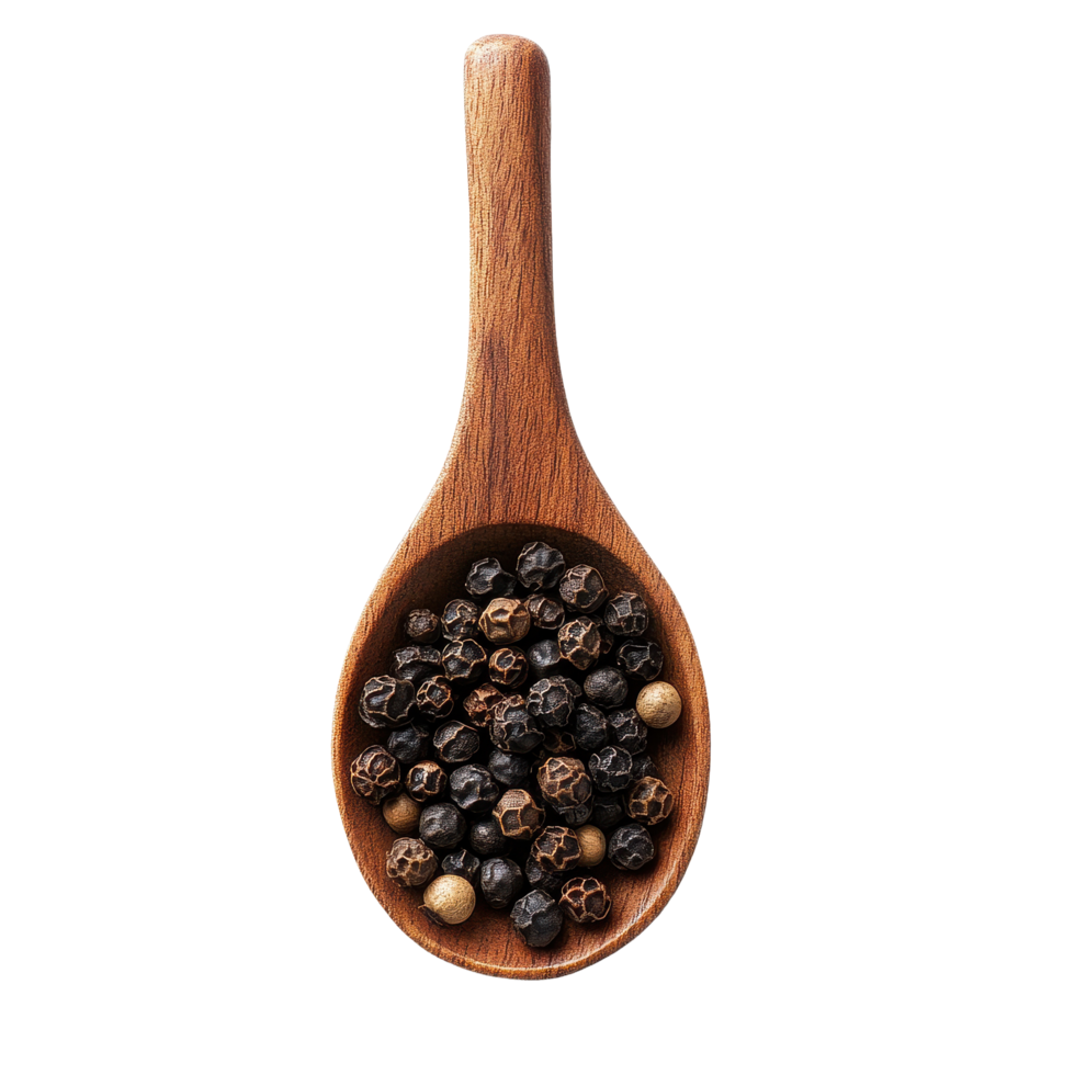 Peppercorns in wooden spoon isolated on Transparent background create a rustic culinary atmosphere, Peppercorn in wood spoon isolated on background png