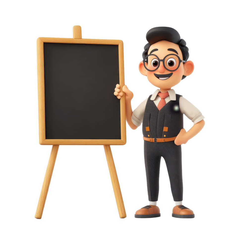 Teacher character stands proudly next to a chalkboard in a creative classroom setting ready to educate students, Teacher character next to a black board 3D cartoon, Transparent background png