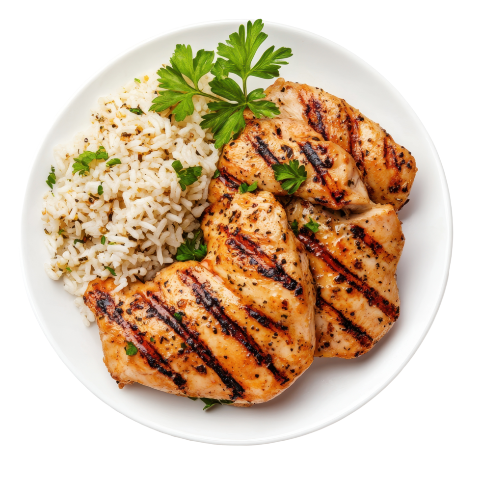Grilled chicken served with seasoned rice on a clean white background for a fresh meal presentation, Grilled Chicken with Riceisolated on white background png