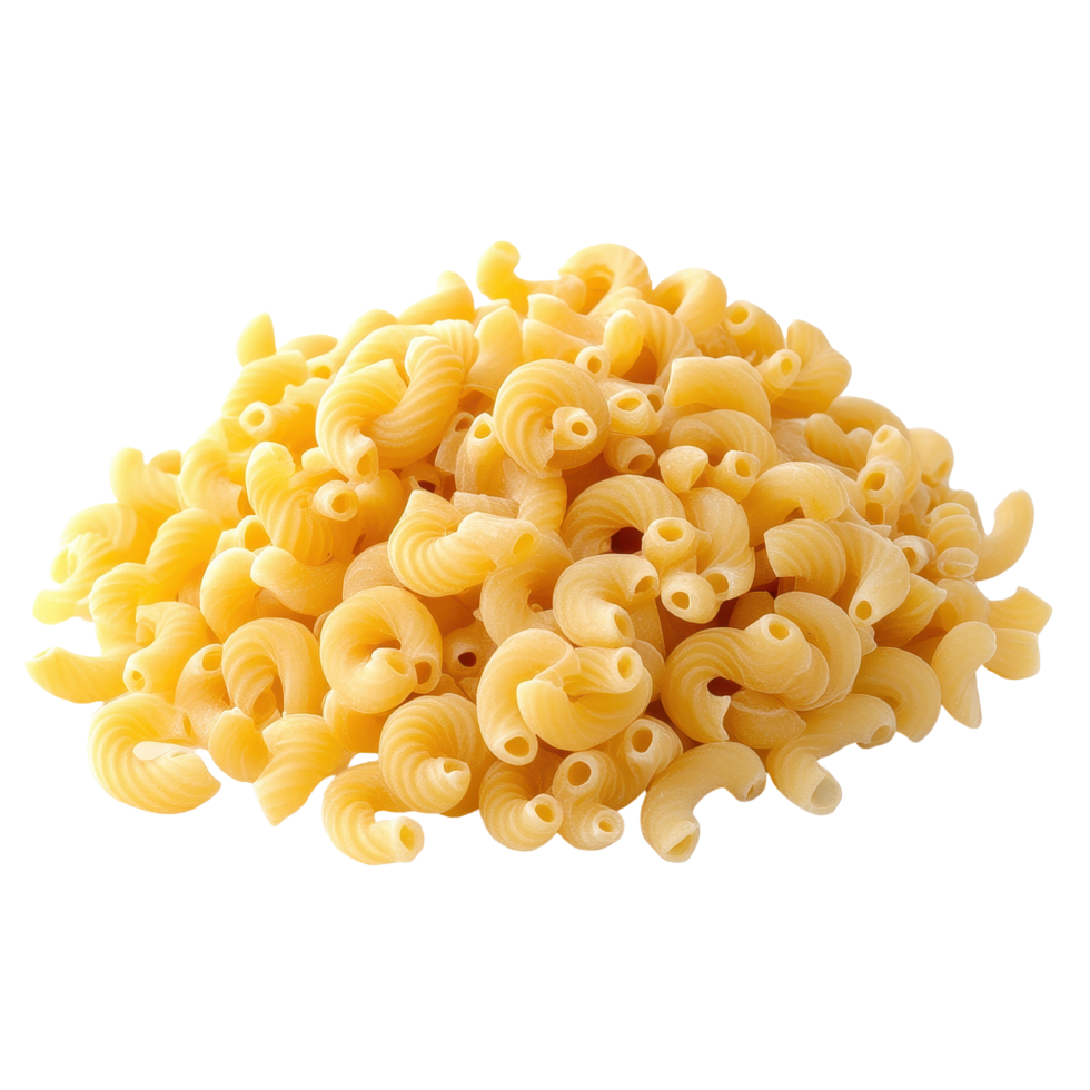 Raw macaroni gomiti pasta in a neat pile isolated on a Transparent background ready for cooking or recipe preparation, Pile of raw Macaroni Gomiti Pasta isolated on background png