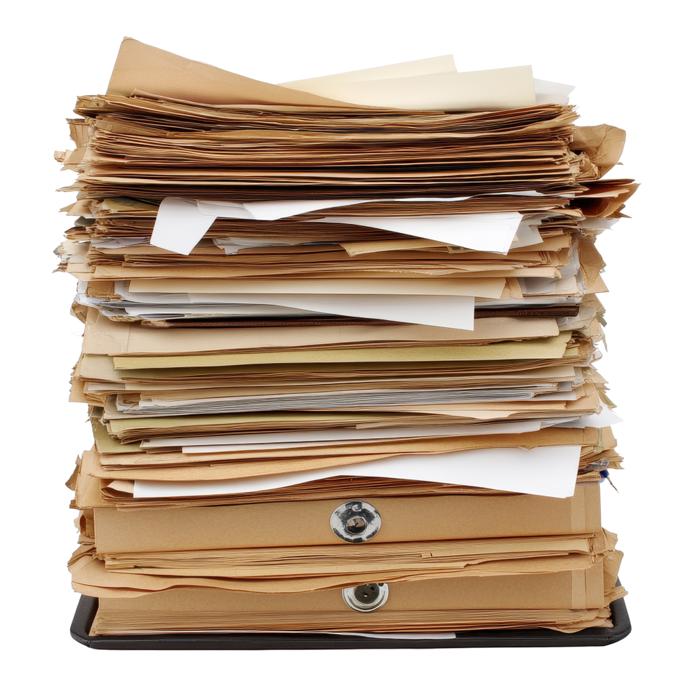 Stacked paperwork overflowing from a file folder on a workspace, Files documents paper work folder file folder paperwork isolated png