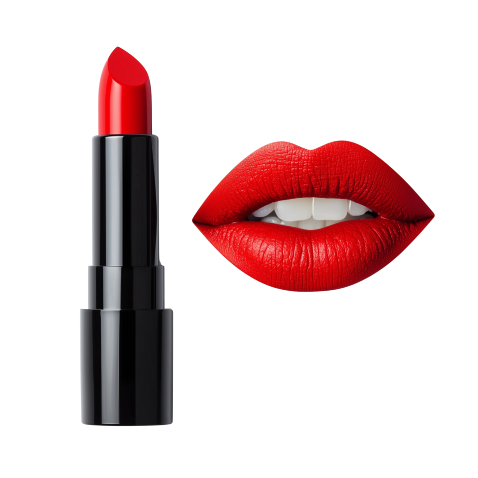 Shiny red lipstick with lips in clean white display. Isolated on transparent Background png