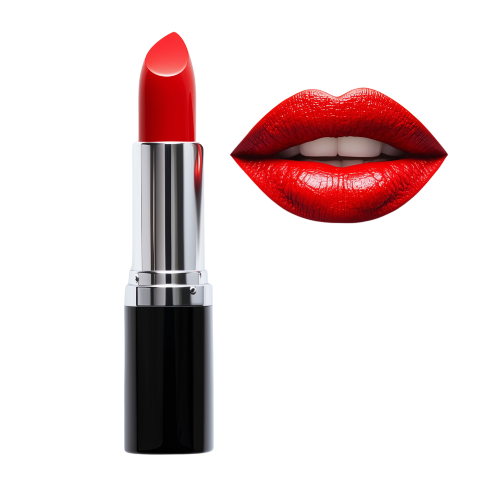 Red lipstick tube with glossy lips on white background. Isolated on transparent Background png