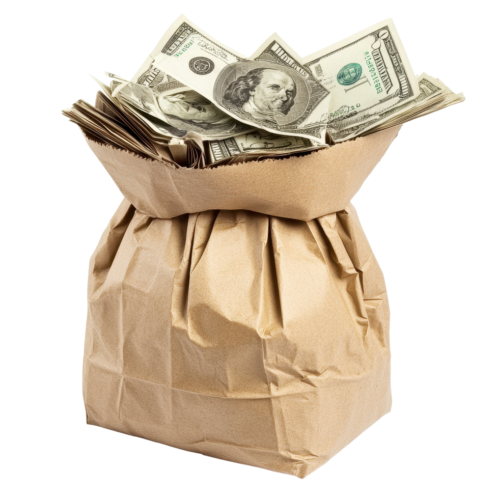 Brown paper bag overflowing with cash on Transparent background showcasing abundance and wealth, Money in Brown Paper Bag isolated on background png