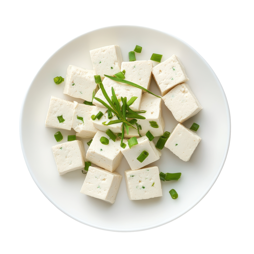 Tofu cubes seasoned with green onions served on a white plate against a plain Transparent background, tofu in white plate isolated on background png