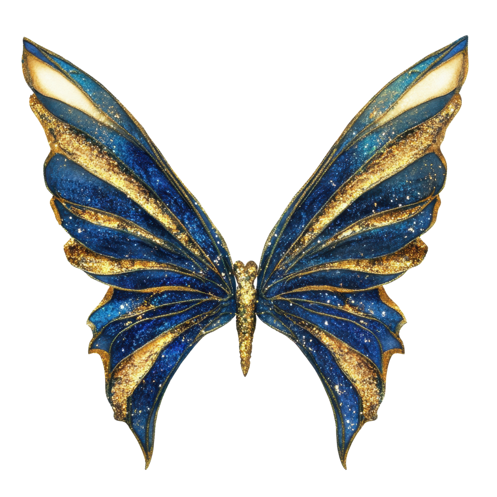 Stunning blue and gold fairy wings with sparkling designs perfect for costumes or art displays, Blue and Gold Fairy Wings with Sparkling Design, isolated on white background png