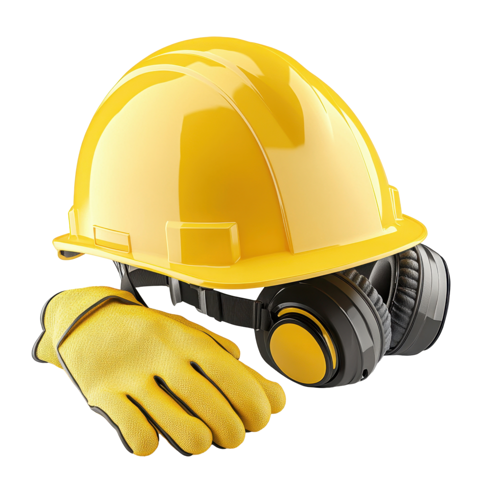 Bright yellow safety helmet paired with gloves and ear protection for construction sites and industrial work, Yellow Safety Helmet with Safety Gloves and Ear Protection Transparent background png