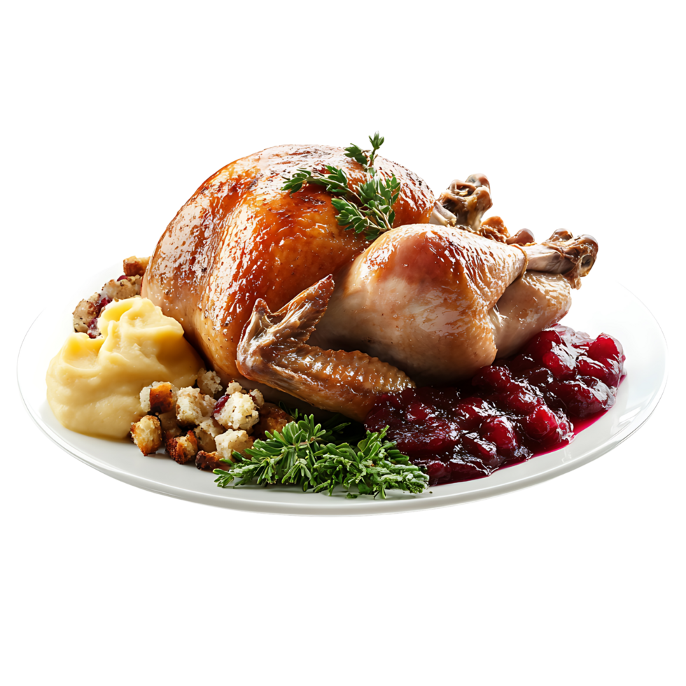 Holiday roast turkey with stuffing, cranberry sauce, and herbs for festive meals. Isolated on transparent Background png