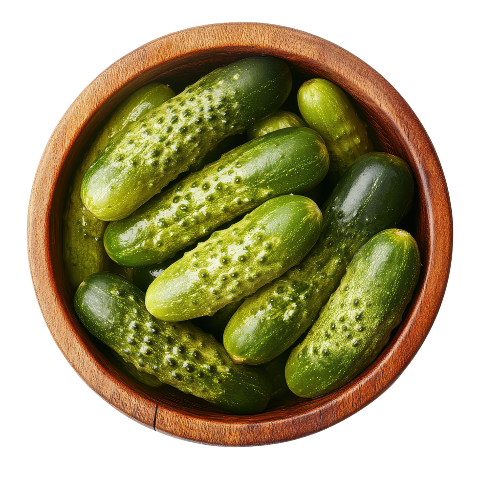 Freshly pickled cucumbers in a wooden bowl ready for serving at a rustic kitchen table, Pickled cucumber in wooden bowl top view isolated on Transparent background png
