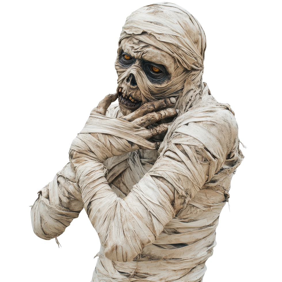Mummy figure looking fearful with wrapped bandages on Transparent background for Halloween decorations, Terrifying halloween mummy on background png