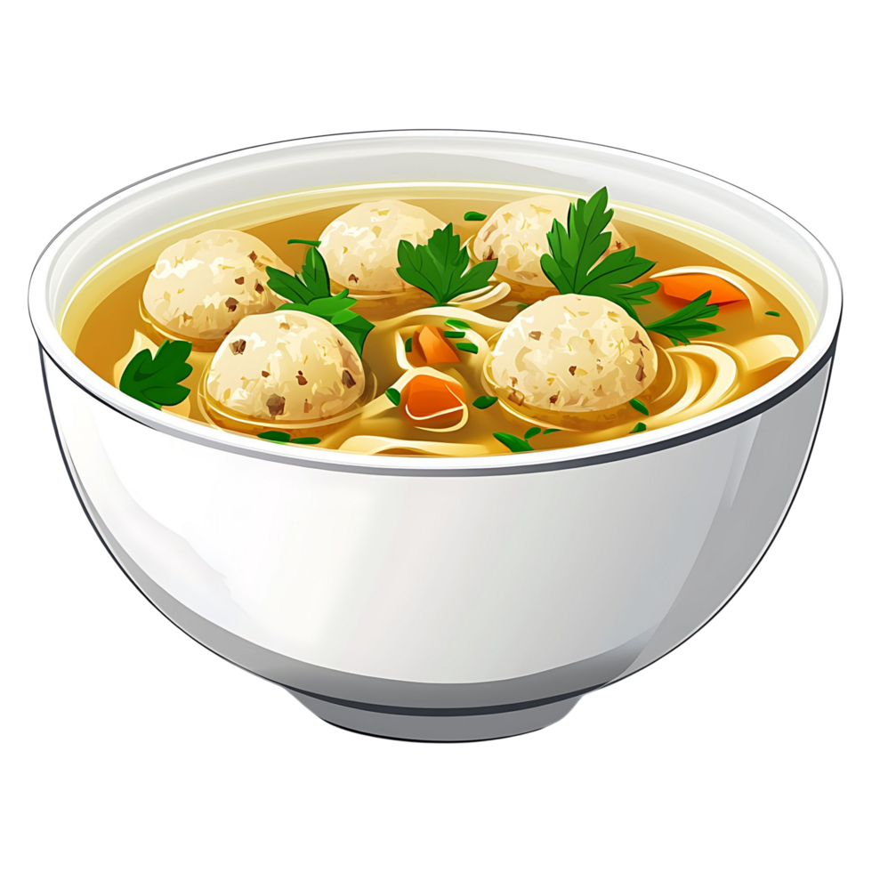 Hearty Chicken Soup with Noodles and Meatballs in Ceramic Bowl Isolated on transparent Background png