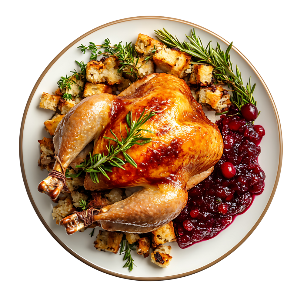 Succulent Christmas roast turkey with cranberry and herbs for dinner. Isolated on transparent Background png