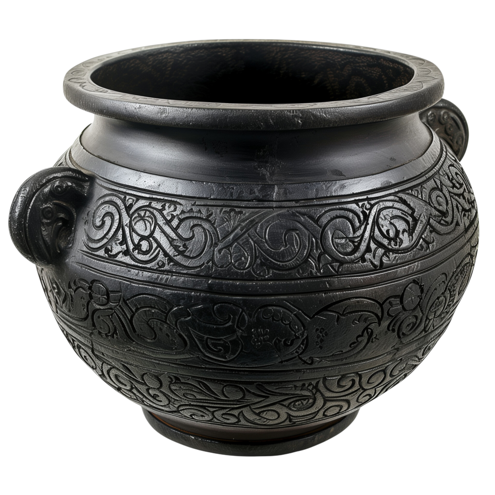 Black cast iron cauldron with ornate carvings. Isolated on transparent Background png